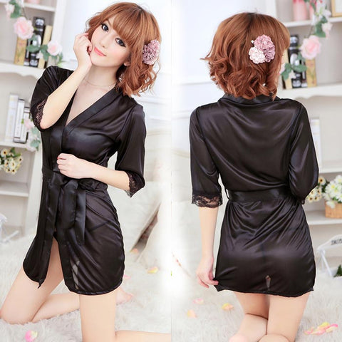 Women Satin Lace Robe Sleepwear Lingerie Nightdress G-string Pajama BK