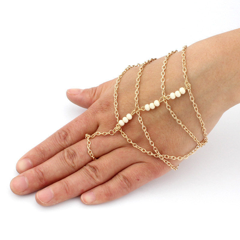 Fashion Girl Bohemia String Beads Finger Ring Bangle Slave Chain Bracelet