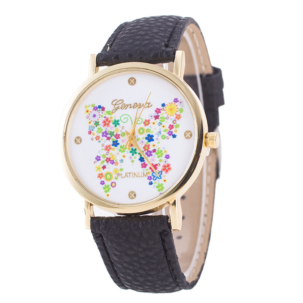 Womens Ladiestterfly Pattern Leather Quartz Wrist Watch