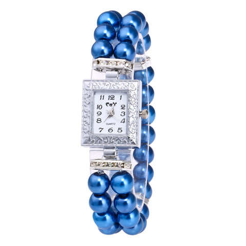 Fashion Women Casual Pearl String Watch Strap Quartz Wrist Square Watch