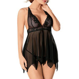 FEITONG Intimates Nightwear Sexy Dress Set Women Sexy Deep V Lingerie Temptation Nightgown Perspective Dress with G-String