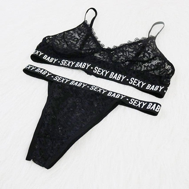 FEITONG Sexy Bra Set Women Lady SEXY BABY Letters Printed Lingerie Lace Women Bra Insides G-String Underwear Babydoll Suit