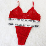 FEITONG Sexy Bra Set Women Lady SEXY BABY Letters Printed Lingerie Lace Women Bra Insides G-String Underwear Babydoll Suit