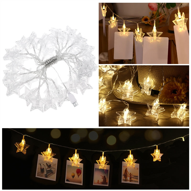 YUNLIGHTS 5.5M 30 LED Stars Photo Clips String Lights USB Fairy String Lights Perfect for Hanging Pictures Notes Artwork Room Decoration Christmas Party Gift